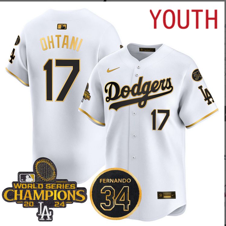 Youth  MLB Los Angeles Dodgers 17 Ohtani white 2024 World Series Champions Patch Limited Jersey style #3 